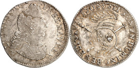 FRANKREICH. 
Louis XIV. 1643-1715. 1/4 Ecu aux insignes 1702 . Brb. n.r. / Gekr. Wappen auf Insignien, Reformation, dadurch Mz. nicht erkennbar. Gad....