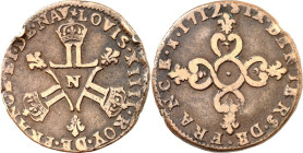 FRANKREICH. 
Louis XIV. 1643-1715. Cu 6 Deniers 1712 N MontpellierCc. Gad. 85. . 

Rf.,ss