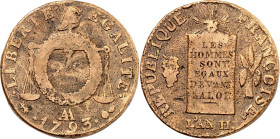 FRANKREICH. 
Convention 1792-1795. Gelbbronze-2 Sols aux Balances 1793 AA, Metz. Stele&nbsp;/ Eichenkranz über Waage mit Jakobinermütze. KM 621.2, Ga...