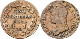 FRANKREICH. 
Directoire 1795-1799. Cu 5 Centimes An 8 BB Straßburg Lyon Büste der Marianne n.l. / Wert in Eichenkranz. Gad. 126a. . 

ss