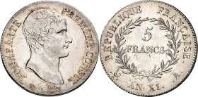 FRANKREICH. 
Napoleon Bonaparte, Konsul 1799-1804. 5 Francs An 11 = (1802-03) A Paris. Kopf n.r. / Wert im Kranz. Gad. 577, KM 650.1. . 

seltenes ...