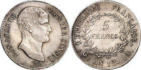 FRANKREICH. 
Napoleon Bonaparte, Konsul 1799-1804. 5 Francs An 12 A Paris. Kopf n.r. / Wert im Lorbeerkranz. Gad. 577, KM 659.1. 29863. 

l.beriebe...