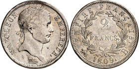 FRANKREICH. 
Napoleon I. 1804-1814. 2&nbsp;Franc 1809 B , Rouen Belorb. Kopf. Gad. 500, KM 693.2. . 

ss+