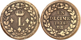 FRANKREICH. 
Louis XVIII. 1814-1824. Cu-Décime 1814 BB, Straßburg. Gad. 196, KM 701. . 

ss