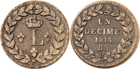 FRANKREICH. 
Louis XVIII. 1814-1824. Br-Décime 1815 BB, Straßburg. Gad. 196, KM 701. . 

ss