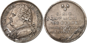 FRANKREICH. 
Louis XVIII. 1814-1824. MODULE 5 Franc 1814 Münzbesuch d. Königs u. Duc de Berry in Lille. Brb. n. l. PdA. 2371. . 

kl. Rf.vz-