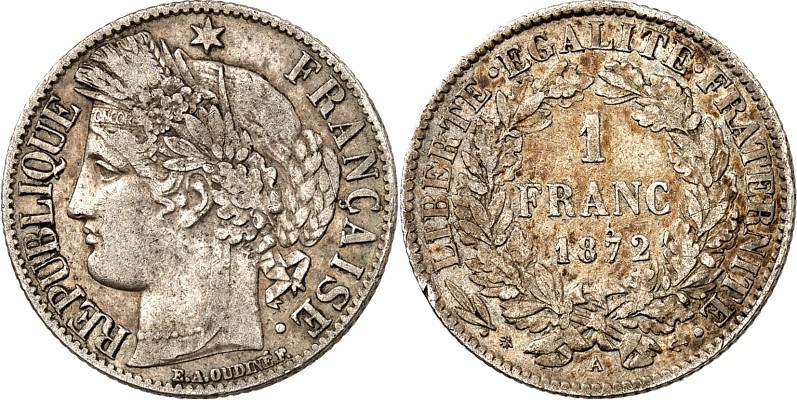 FRANKREICH. 
3.Republik 1871-1940. 1 Franc 1872A ss, 1872 K, 1888 A Paris. Gad....