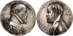 Römisch Deutsches Reich. 
Maximilian II. 1564-1576. Medaille (Galvano) 1575 (AN.AB = Antonio Abondio) Geharn. Brb. m. Vlieskette n.r / Kaiserin Maria...