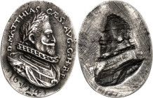 Römisch Deutsches Reich. 
Matthias 1612-1619. Eins. Miniaturmedaille 1614 (v. Vianen). Belorb. Brb. n.r. Ag-Guss-20x15,5mm (ovalförmig) 1,6g. Mont.&n...