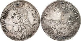 Braunschweig/-Calenberg-Hannover. 
Johann Friedrich 1665-1679. 2/3 Taler (Palmbaumgulden) 1676 Brb. n.r. / Palme auf Felsen im Meer zwischen 2 Schiff...