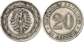 KAISERREICH-Kleinmünzen. 
20&nbsp;Pfennig 1888 E CuNi. Alter Adler. J. 6. . 

korr. am Rd.,vz