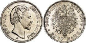 KAISERREICH. 
BAYERN, Königreich. 
5 Mark 1876 Ludwig II. J. 42. . 

l.Rf., vz
