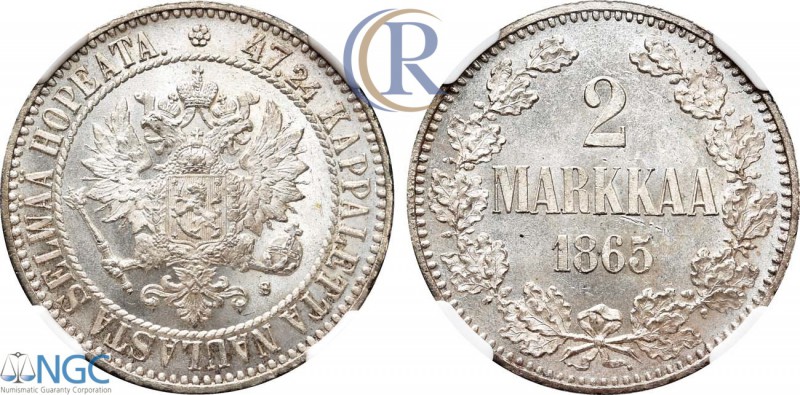 Russia. 2 марки 1865 года. S. Серебро. Для Финляндии. Гельсингфорсский монетный ...