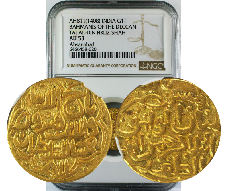 AH 811(1408) INDIA GOLD TANKA BAHMANIS OF THE DECCAN TAJ AL-DIN FIRUZ SHAH AU53...