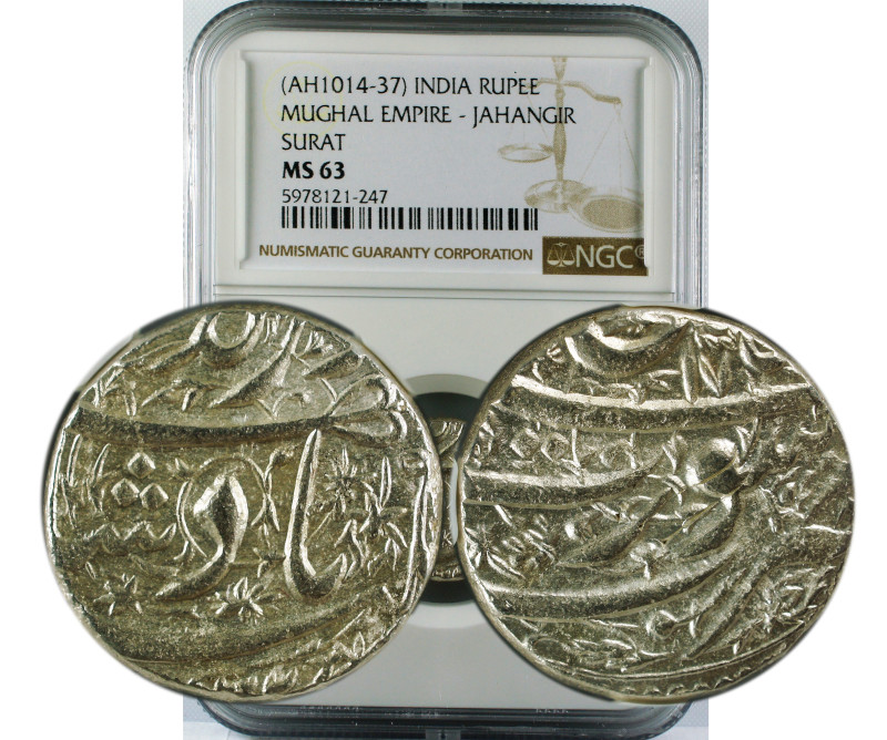 AH 1014-37 INDIA RUPEE MUGHAL EMPIRE-JAHANGIR SURAT MS63
Mughal, Jahangir (AH 1...