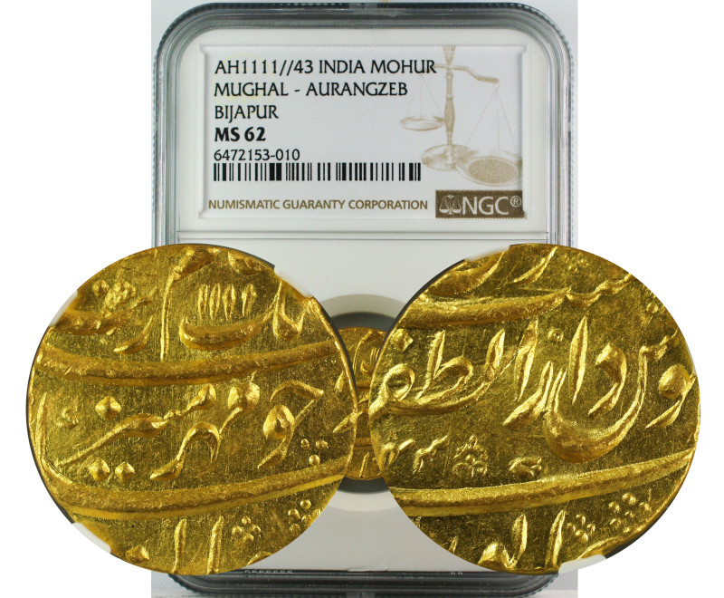 AH 1111//43 INDIA GOLD MOHUR MUGHAL-AURANGZEB BIJAPUR MS62
Aurangzeb, (AH 1068-...