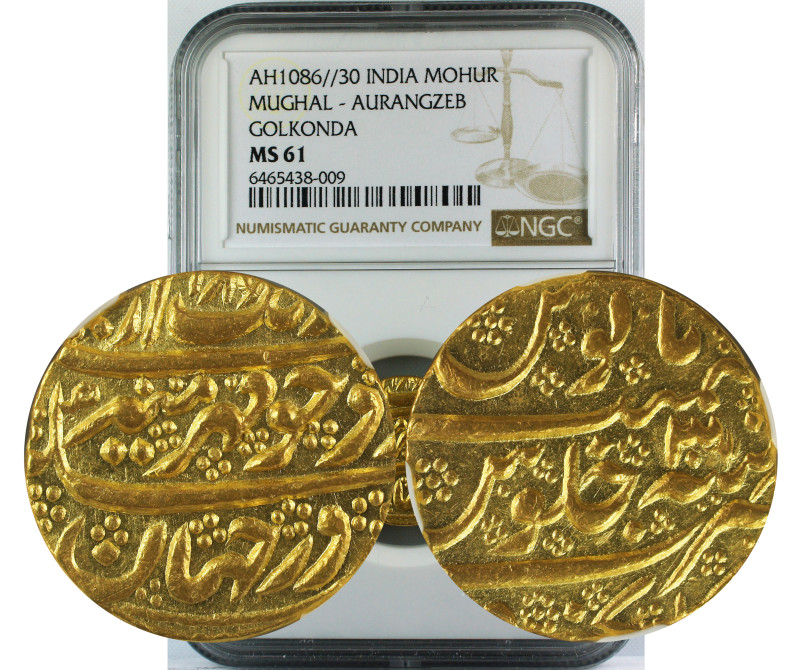 AH 1086//30 INDIA GOLD MOHUR MUGHAL-AURANGZEB GOLKONDA MS61
Mughal, Aurangzeb (...