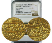 AH 1086//30 INDIA GOLD MOHUR MUGHAL-AURANGZEB GOLKONDA MS61