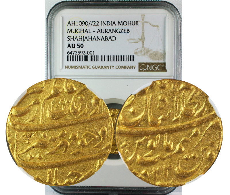 AH 1090//22 INDIA GOLD MOHUR MUGHAL-AURANGZEB SHAHJAHANABAD AU50
Mughal, Aurang...