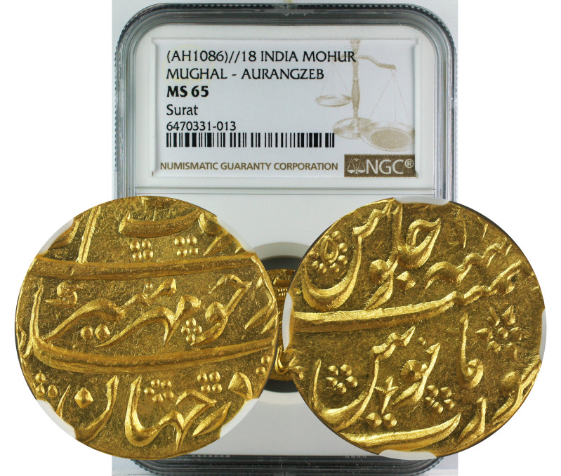 AH 1086//18 INDIA GOLD MOHUR MUGHAL-AURANGZEB SURAT MS65
Mughal, Aurangzeb (AH ...