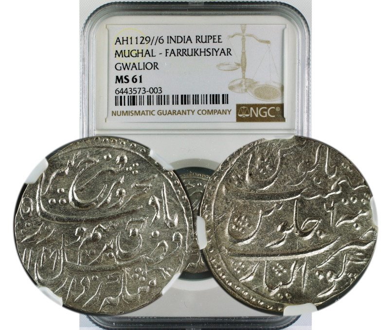 AH 1129//6 INDIA RUPEE MUGHAL-FARRUKHSIYAR GWALIOR MS61
Mughal, Farrukhsiyar (A...