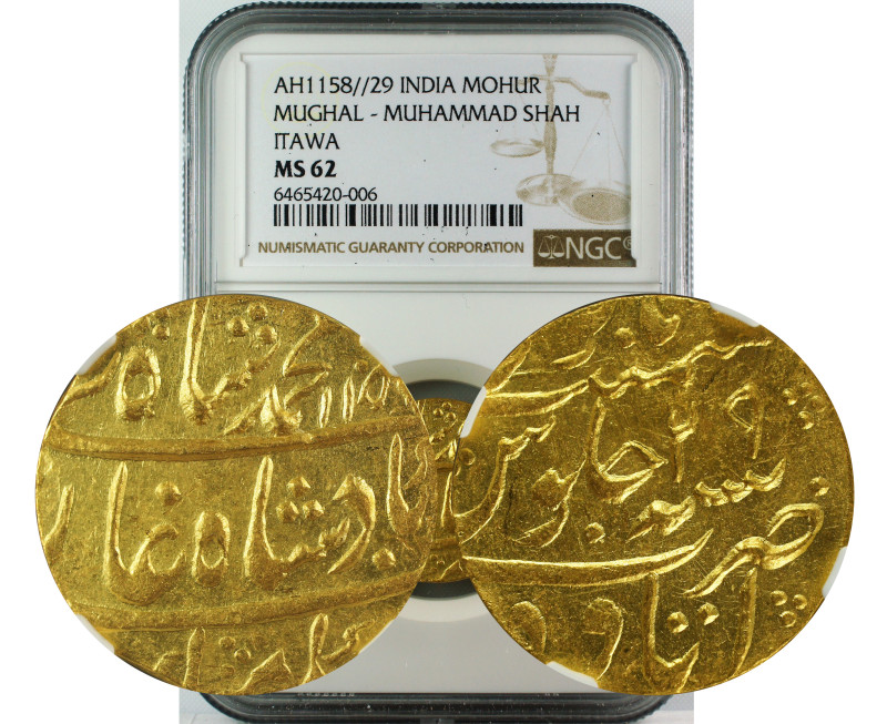 AH 1158//29 INDIA GOLD MOHUR MUGHAL-MUHAMMAD SHAH ITAWA MS62
Mughal, Muhammad S...