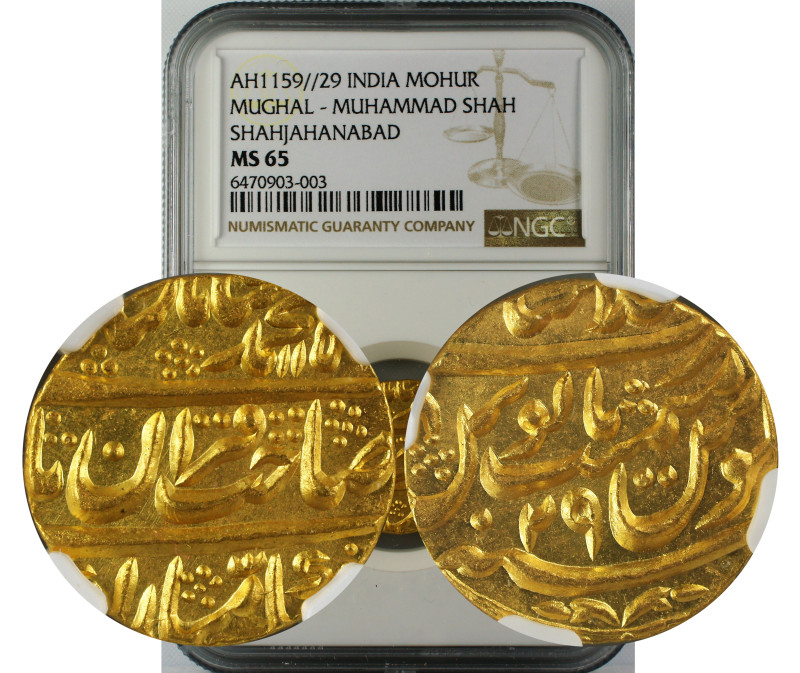 AH 1159//29 INDIA GOLD MOHUR MUGHAL-MUHAMMAD SHAH SHAHJAHANABAD MS65
Mughal, Mu...