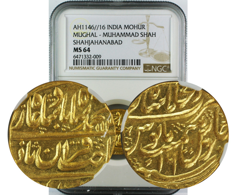 AH 1146//16 INDIA GOLD MOHUR MUGHAL-MUHAMMAD SHAH SHAHJAHANABAD MS64
Mughal, Mu...