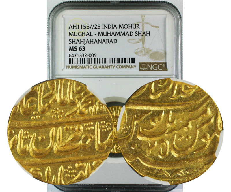 AH 1155//25 INDIA GOLD MOHUR MUGHAL-MUHAMMAD SHAH SHAHJAHANABAD MS63
Mughal, Mu...