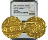 AH 1155//25 INDIA GOLD MOHUR MUGHAL-MUHAMMAD SHAH SHAHJAHANABAD MS63