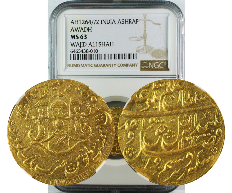 AH 1264//2INDIA ASHRAFI AWADH WAJID ALI SHAH MS 63
Indian Princely States, Awad...