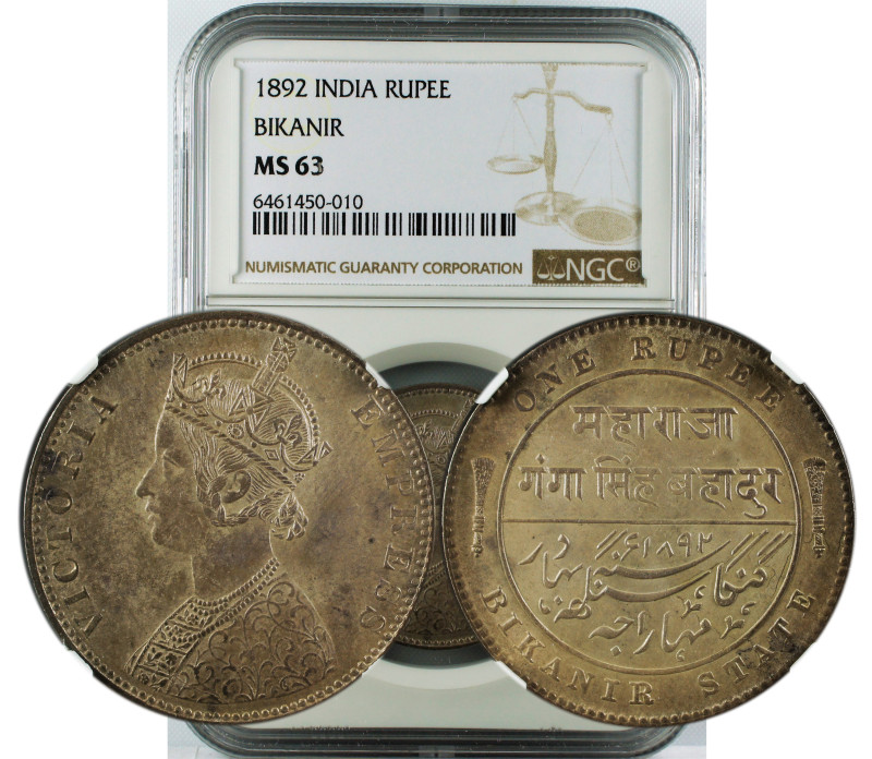 1892 INDIA RUPEE BIKANIR MS63
Indian Princely States, Bikaner State, Ganga Sing...