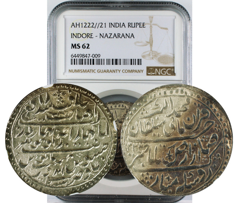 AH 1222//21 INDIA RUPEE INDORE-NAZARANA MS62
Indian Princely States, Indore Sta...