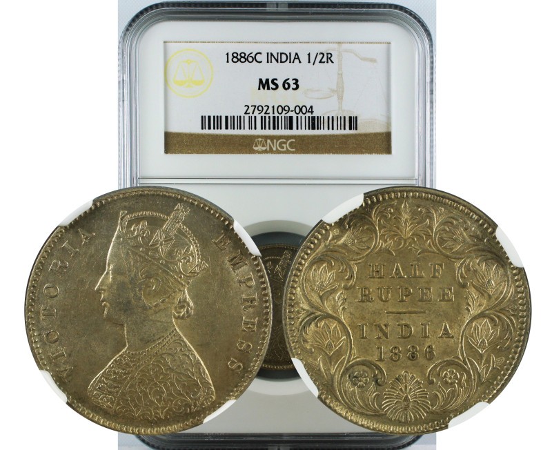 1886 C INDIA 1/2 RUPEE MS63
British India, Victoria Empress, Silver ½ Rupee, 18...
