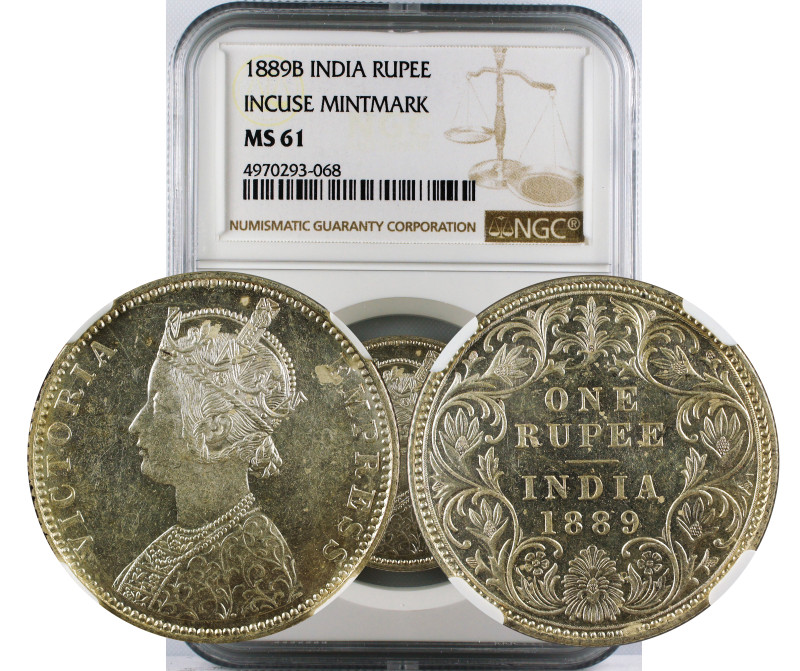 1889 B INDIA RUPEE INCUSE MINTMARK MS61
British India, Victoria Empress, Silver...