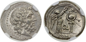 ROMAN REPUBLIC: Anonymous, AR victoriatus, Apulia, ca. 211-208 BC, Crawford-102/1, Q series, laureate head of Jupiter right // Victory right crowning ...