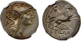 ROMAN REPUBLIC: D. Silanus L. f. AR denarius (3.87g), Rome, 91 BC, Crawford-337/3a, helmeted head of Roma right, P behind // Victory in biga right, ho...