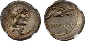ROMAN REPUBLIC: L. C. Piso Frugi, AR denarius (3.95g), Rome, 90 BC, Crawford-340/1, laureate head of Apollo right, control mark behind, C under chin /...