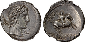 ROMAN REPUBLIC: Publius Crepusius, AR denarius (3.82g), Rome, 82 BC, Crawford-361/1c, laureate head of Apollo right, scepter over shoulder, R to left,...