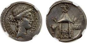 ROMAN REPUBLIC: Q. Cassius Longinus, AR denarius (3.79g), Rome, 55 BC, Crawford-428/2, diademed head of Libertas right, Q CASSIVS / LIBERT // temple o...