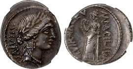 ROMAN REPUBLIC: Manius Acilius Glabrio, moneyer, AR denarius (3.83g), Rome, 49 BC, Crawford-442/1a, laureate head of Salus right, SALVTIS behind // Va...
