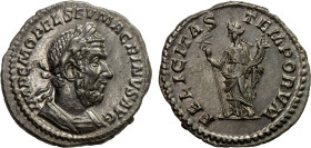 ROMAN EMPIRE: Macrinus, 217-218 AD, AR denarius (3.11g), Rome, RIC-59, laureate and cuirassed bust right, IMP CM OPEL SEV MACRINVS AVG // Felicitas st...