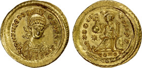 ROMAN EMPIRE: Theodosius II, 402-450 AD, AV solidus (4.46g), Constantinople, S-21140, facing military bust with D N THEODOSIVS P F AVG around // Const...