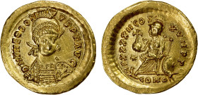 ROMAN EMPIRE: Theodosius II, 402-450 AD, AV solidus (4.33g), Constantinople, S-21140, facing military bust with D N THEODOSIVS P F AVG around // Const...