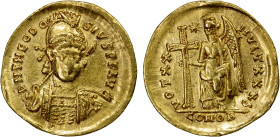 ROMAN EMPIRE: Theodosius II, 402-450 AD, AV solidus (4.37g), Constantinople, S-21156, helmeted & cuirassed bust // VOT XX MVLT XXXX, Victory standing,...
