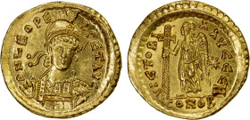ROMAN EMPIRE: Leo I, 457-474 AD, AV solidus (4.50g), Constantinople, S-21404, helmeted and cuirassed bust facing three-quarters right, holding spear a...