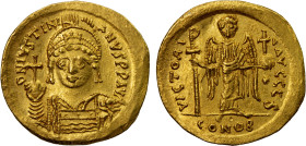 BYZANTINE EMPIRE: Justinian I, 527-565, AV solidus (4.39g), Constantinople, 545-565, S-140, 6th officina, cuirassed bust facing, wearing helmet with p...
