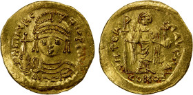 BYZANTINE EMPIRE: Maurice Tiberius, 582-602, AV solidus (4.41g), Constantinople, S-478, bust facing, with plumed helmet, holding globus cruciger // an...