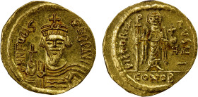BYZANTINE EMPIRE: Phocas, 602-610, AV solidus (4.50g), Constantinople, S-618, bust facing, wearing crown without pendilia // angel facing, holding lon...