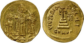 BYZANTINE EMPIRE: Heraclius, 610-641, AV solidus (4.46g), Constantinople, S-758, Heraclius standing in center, his sons Heraclonas left (short) and He...